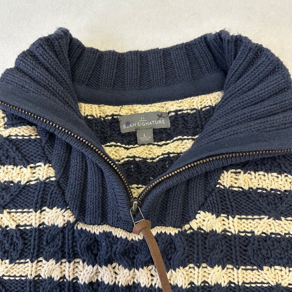 LL Bean Mens Cotton Striped Cable Knit Fisherman Sweater Quarter Zip Size Large - Picture 8 of 13